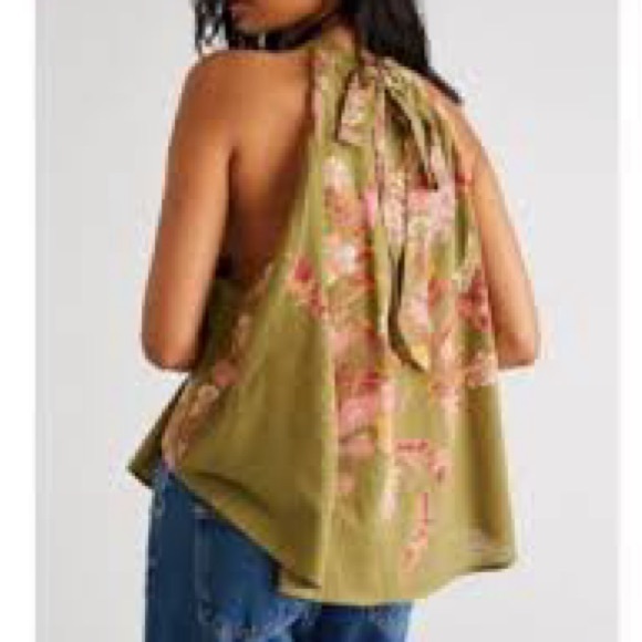 Free People Olive Floral Halter Mini Dress Boho Cotton Lined Side Zip Size XS - Picture 2 of 12